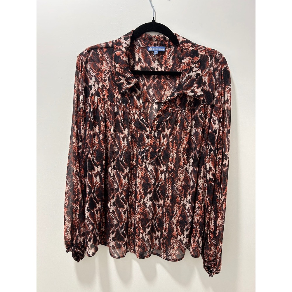 Democracy Snakeskin Print Split Neck Blouse Brown Black WHW33495E Plus‎ 3X